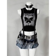 Vintage Gothic sleeveless tank top with Punk print, Gothic Y2K crop top, Hip Hop street style m