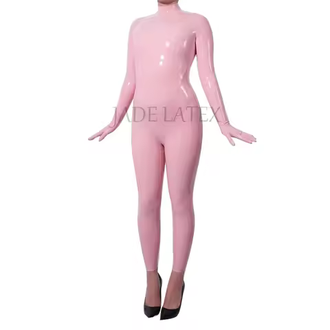 100% Natural Latex Zentai Catsuit With Latex Gloves 3D Cut Unisex Latex Cosplay Suit Baby pink Color