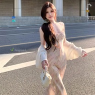 D81粉色浪漫 Korean ins floral suspender dress French stitching lace long Dress Pink Dress 韩式ins碎花吊带连衣裙 春