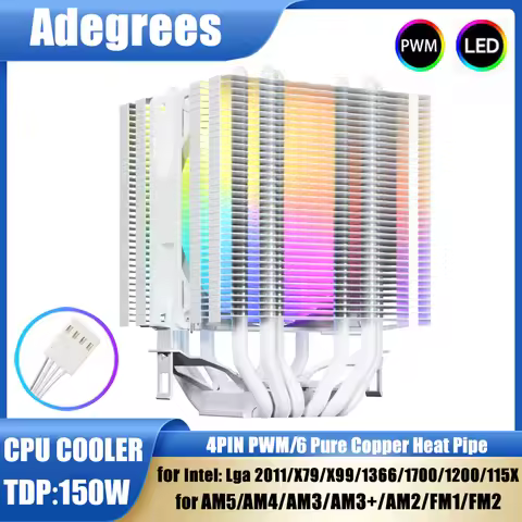 90MM CPU Air Cooler Radiator Fan 6 Heatpipe RGB PWM 4PIN Quiet For Inte LGA 115X 1200 1700 2011 V3 X