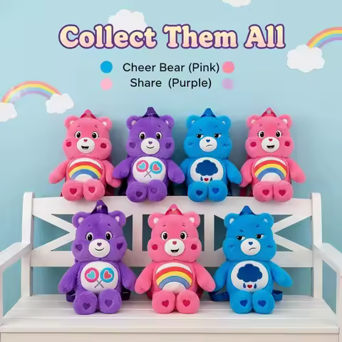 Official Care Bears Plush Backpack 15.7" - Cute Stuffed Animal & School Bag (Purple/Pink/Blue)