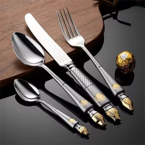 Luxury Torch Gilt Cutlery Set, Artistic Flame Handle Stainless Steel Flatware for Fine Dining & Wedd