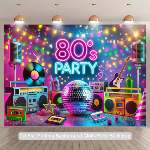 2D flat, 1 piece neon 80s party background, vibrant retro disco theme
