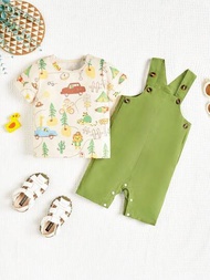 SHEIN 嬰兒男孩2件套裝,春夏適用休閒可愛動物圖案印花外出服裝