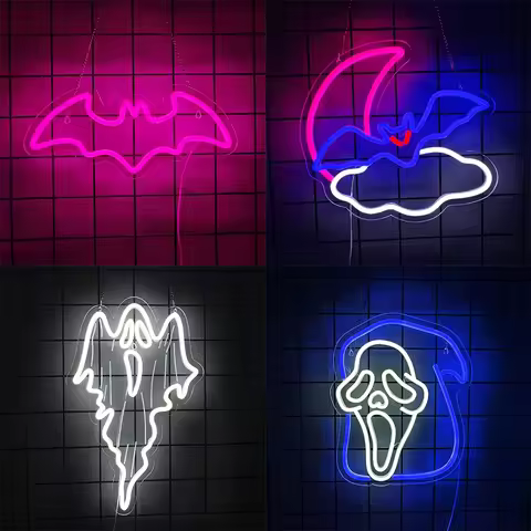 Halloween Bat LED Neon Sign, Ghost Light Up Signs for Wall Decor, Hanging Neon Lights for Home Bar C