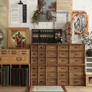 美式鄉村風格 作舊原木抽屜收納櫃 復古置物架 分類桌面收納