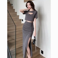 2836 People Praise Sweet Cool Style Fried Street Short Hollow T-Shirt Top Women Summer Split High Wa