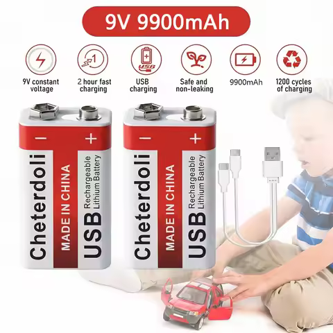 9Volt 9900mAh Li-ion Battery Rechargeable 6F22 Direct USB Charge for Smoke Detector Alarm System Dig