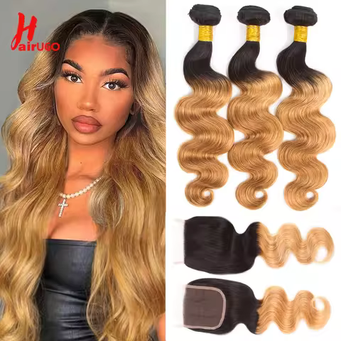 HairUGo 2/3/4 Body wave Hair Bundles With Closure T1B/27 Ombre Blonde Human Hair Bundles With 4x4 La