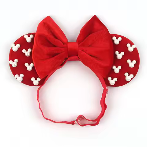 New 3.3" Mouse Ears Pearl Adjustable Elastic Headband For Baby Adult Sequins 5"Bow Hairband Festival