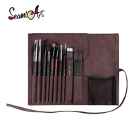SeamiArt 10pcs/set Nylon Hair Wooden Handle Artist Painting Brush with Leather Storage Bag for Gouac