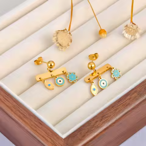 Fashion 316L Stainless Steel Enamel Blue Eyes Stud Earrings For Women Anti Allergic Real Gold Plated