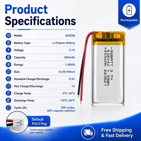 3.7V 400mAh 602040 LiPo Polymer Battery High Capacity Rechargeable Battery for Bluetooth Headset Bea