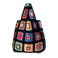 Free shipping Black Granny Square Woven Handbag For Women Crochet Large Capacity Knitted Hollow Out