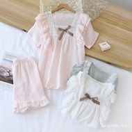 【In stock】[] women 100% cotton crepe short sleeve shorts pajama set sweet fresh sleepwear Korean Jap