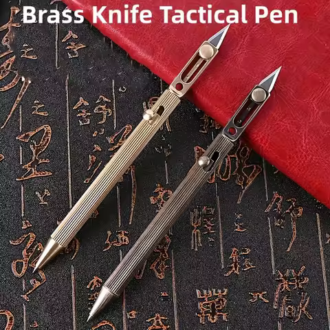 Brass tactical pen with knife for opening packages, brass signing pen, medium pen, metal machine gun
