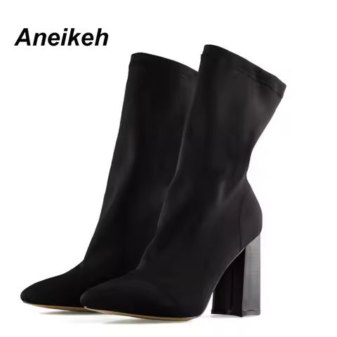 Aneikeh Fashion Ankle Boots for Women Pointed Toe Sock Boots Square High Heel Boots Shoes Woman Slim