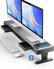 Meatanty Dual Monitor Stand Riser with 4 Adjustable Heights,2 Drawers,Wireless Charging Pad and 4 USB Ports,Metal Computer Stand Support Transfer Data and Charging,Desk Organizer for PC,Laptop 39inchs