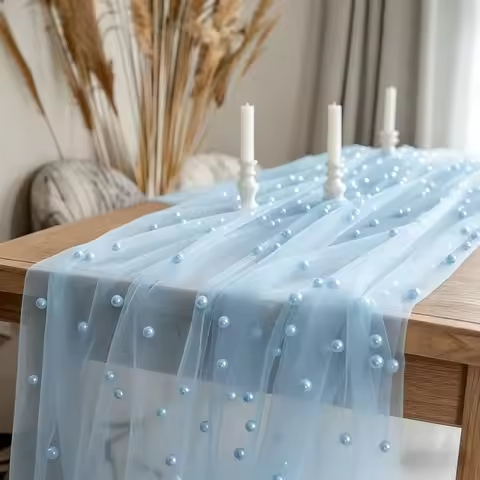 75×300cm/75×100cm Pearl Chiffon Table Flag Semi Transparent Pearl Chiffon Fabric Wedding Table Decor