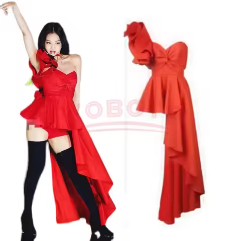 K-pop Jennie Stage Cosplay Outfit Women Red Dress Concert Outfits Festival Women Clothing Secy Perfo