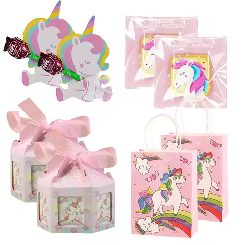 1set Carton Unicorn Candy Bags Paper Candy Holder Stickers for Kids Unicorn Baby Shower Bags Supplie