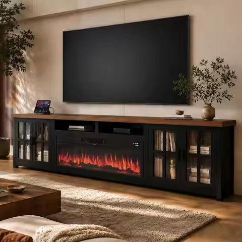 98" Wood Fireplace TV Stand, Black, Custom