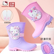 A-T💝HelloKittyChildren's Rain Boots Non-Slip Girls' Medium and Large Children Shoe Cover Mid-Calf Rubber Shoes Child Bab