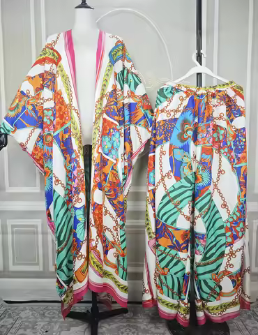 Summer 2025 New African Femme Kimonos+ Long Pants Bohomain Printed Loose Two Pieces Set Dubai Muslim