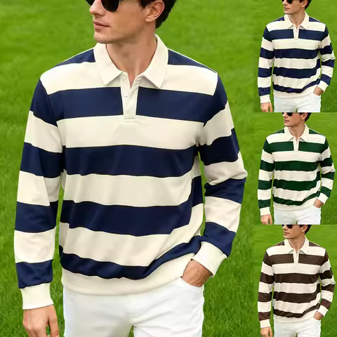 Men's striped rugby polo long-sleeved collar shirt casual school outdoor sports casual 3d printing s