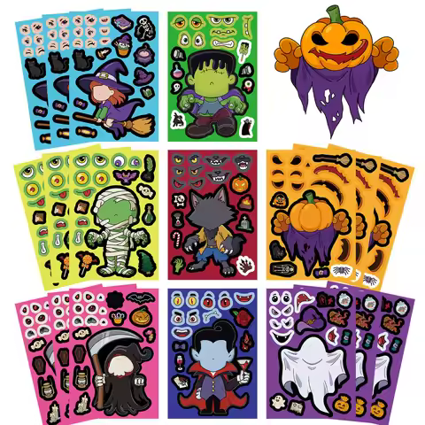 8Pcs Halloween Mix Match Face Collage Stickers, Spooky Cartoon Character Decals for Suitcase, Water 
