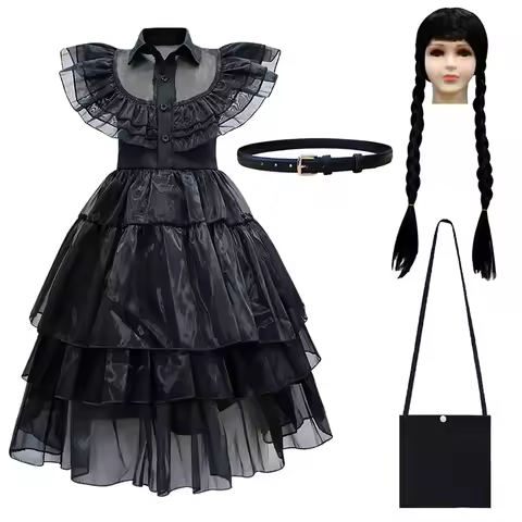 Wednesday Addams The Adam Family Cosplay Costume Dress Wig Hair Girls Vintage Gothic Outfits Hallowe