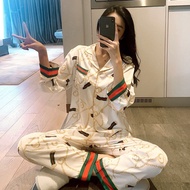 Pyjamas Fashion Long Sleeve Pijamas Women Black White Chain Satin Silk Sleepwear Baju Tidur Perempua