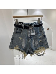 ZSBHT กางเกงขาสั้นหมวกผ้ายีนส์สไตล์วินเทจกางเกงยีนขาสั้นแบบฉีกสีฟ้าของผู้หญิงชุดสตรีท90S สไตล์เกาหลี