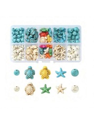 120入組海洋主題手工珠寶套件-合成藍寶石海星,圓珠子,龜和海豚的合金吊墜-混合顏色