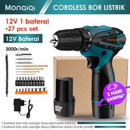 MONQIQI  Cordless Bor Listrik  2 Speed Cordless Drill Set bor listrik Tools 12V Bor tangan multifungsi isi ulang Mesin Bor Baterai