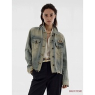 []-Women Retro Long Sleeve Raw Hem Demin Jacket