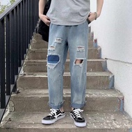 👖 กางเกงยีนส์ ขาด ขากระบอก ผู้ชาย แฟชั่น วินเทจ สไตล์เกาหลี กางเกงยีนขาเดฟ ขายาว ชาย สีน้ำเงิน Jeans