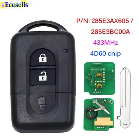 Ecusells 2 Buttons 433MHz 4D60 Chip Remote Car Key for Nissan Juke Navara Micra Xtrail Qashqai P/N: