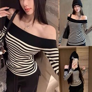 BEAUTIFUL LONG-Sleeve BLACK AND WHITE HORIZONTAL STRIPED FLAT SHOULDER DRESS S6631