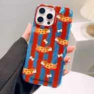 Cartoon Red Blue Stripe Sausage Dog Glacier Case For iPhone 16 15 14 13 12 11 Pro Max 16E 7 8 Plus X