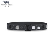 LV New Men's Classic Button Black Old Flower Canvas 3D Effect Wave Dotted Double sided Belt Business Casual M0654U