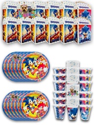 Kit de Fiesta 10 Invitados de Personaje Sonic Desechables 30 pz Artículos Decoración Cartón Platos Vasos Dulceros