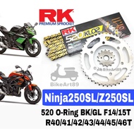 RK Sprocket Set Kawasaki Ninja 250 SL Z250SL 520 KLO2 O-Ring Black / Gold Chain RK520 Oring Hitam Emas Rantai Ninja250