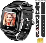 Smart Watch for Kids with SIM Card, 4G Kids GPS Tracker Watch, IP67 Waterproof 2 Way Call Video &amp; Voice Chat SOS Pedometer, Kids Cell Phone Watch Christmas Birthday Gifts for 3-15 Boys Girls（80-Black