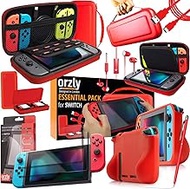 Orzly Switch Accessories Bundle – Carry Case for Nintendo Switch Console (NOT OLED MODEL) Tempered Glass Screen Protectors, USB Charging Cable, Switch Games Case, Comfort Grip Case &amp; Headphones - RED
