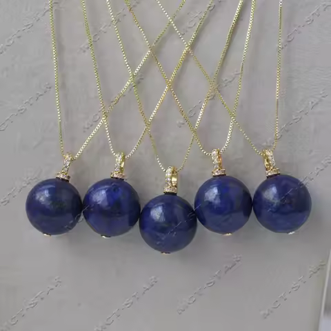 Z14014 Wholesale 5Pcs 20mm Blue Round Lapis lazuli Pendant CZ Chain Custom Jewelry