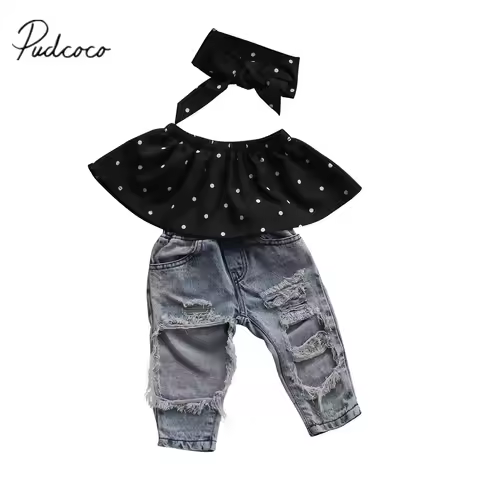 Citgeett Newborn Baby Girls Off Shoulder Dot Wrapped Chest +Bog Hole Jeans Pants Demin Outfits Cloth
