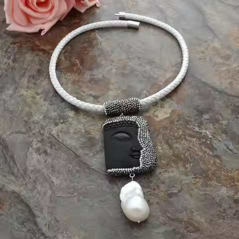 YYGEM 18" natural black stone caved Buddha Pendant White Leather Necklace White Keshi Pearl necklace