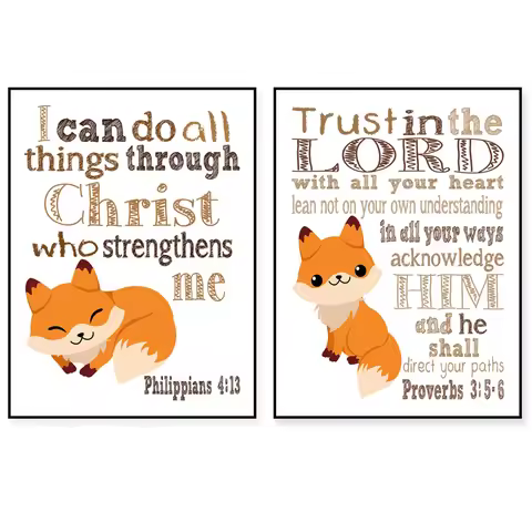 Christian Bible Verse Quote Print, Woodland Fox Nursery Kids Room Wall Decor Poster