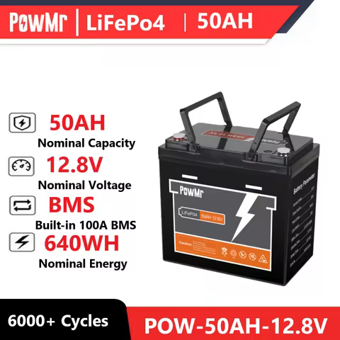 PowMr LiFePo4 50AH 12V Battery Pack 640WH Built-in BMS Iron Phosphate Rechargeable Lithium Battery C